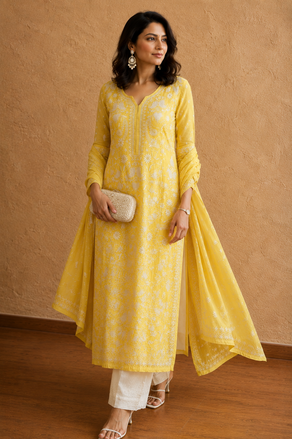 Canary yellow Chanderi mulmul Chikankari kurta dupatta set with cut dana work - Image 3