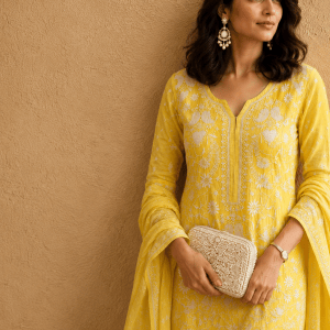 Canary yellow Chanderi mulmul Chikankari kurta dupatta set with cut dana work - Image 2
