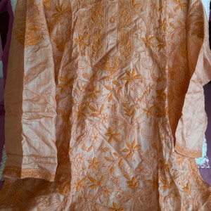 Melon orange pure Tussar silk Chikankari short kurti - Image 3