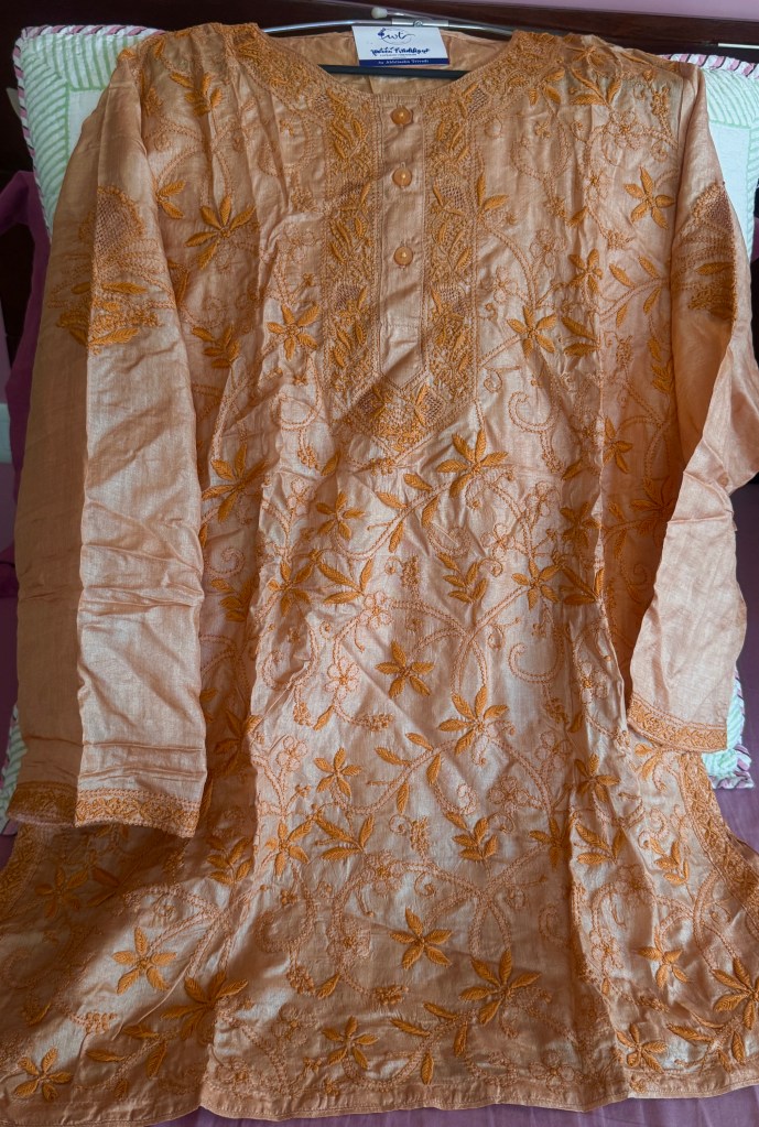 Melon orange pure Tussar silk Chikankari short kurti
