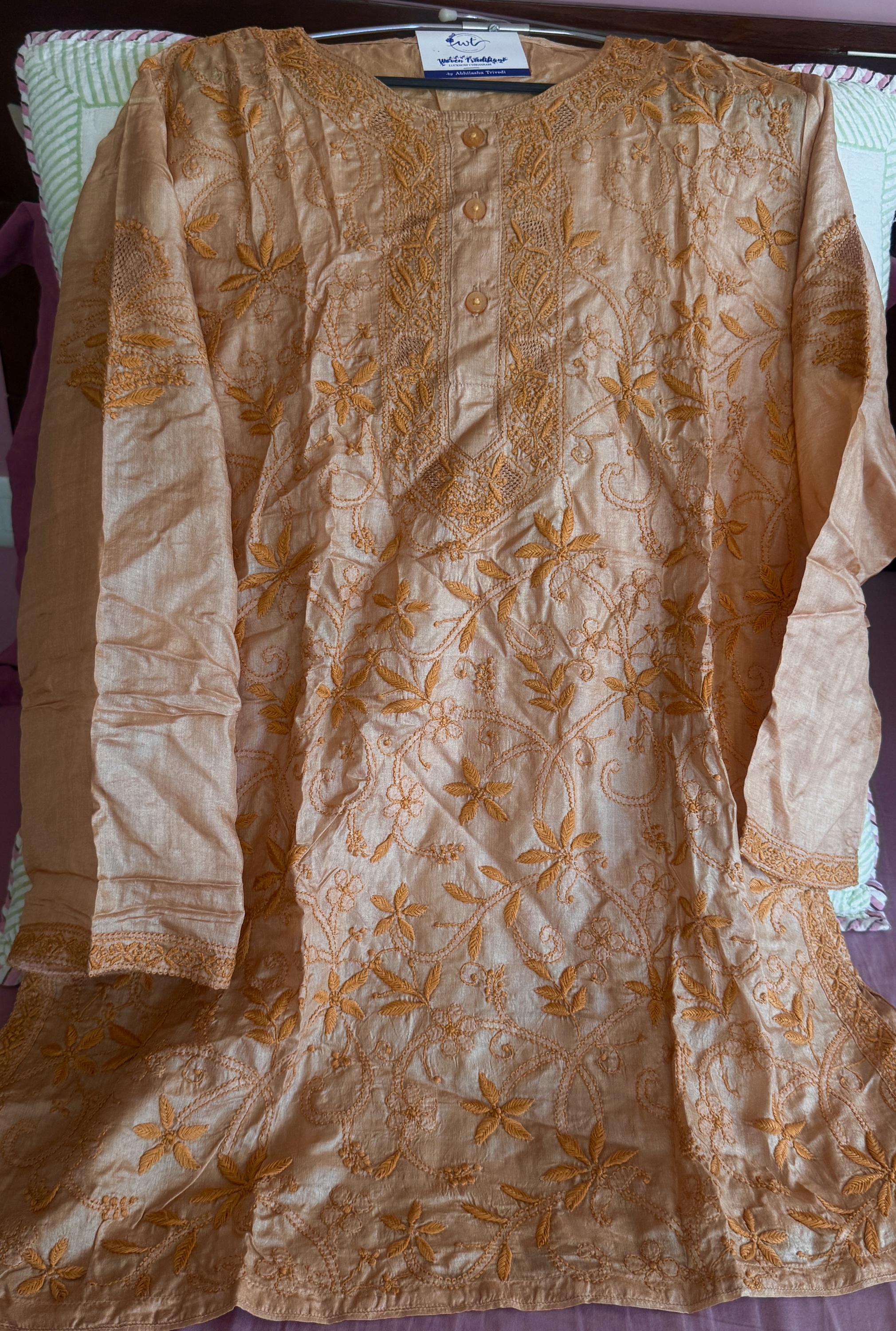 Melon orange pure Tussar silk Chikankari short kurti - Image 3