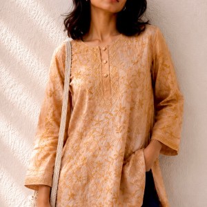 Melon orange pure Tussar silk Chikankari short kurti - Image 2