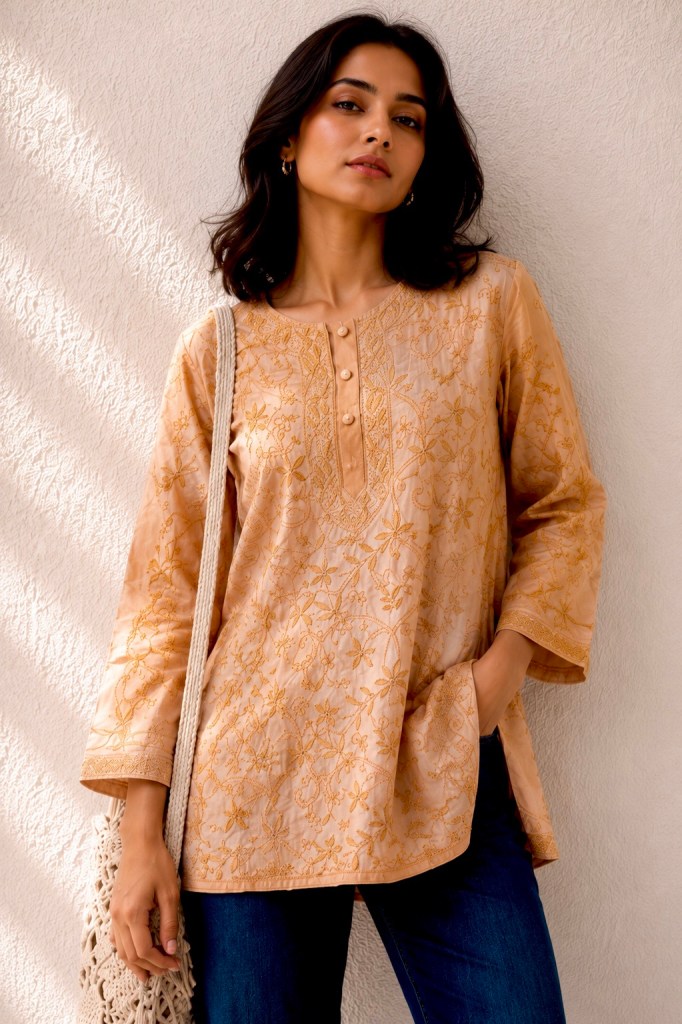 Melon orange pure Tussar silk Chikankari short kurti
