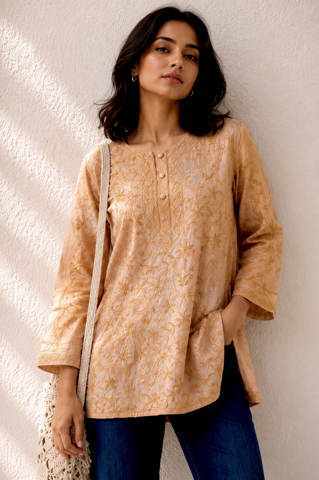 Melon orange pure Tussar silk Chikankari short kurti - Image 2