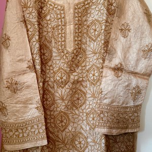 Tan brown pure Tussar silk Chikankari short kurti - Image 3