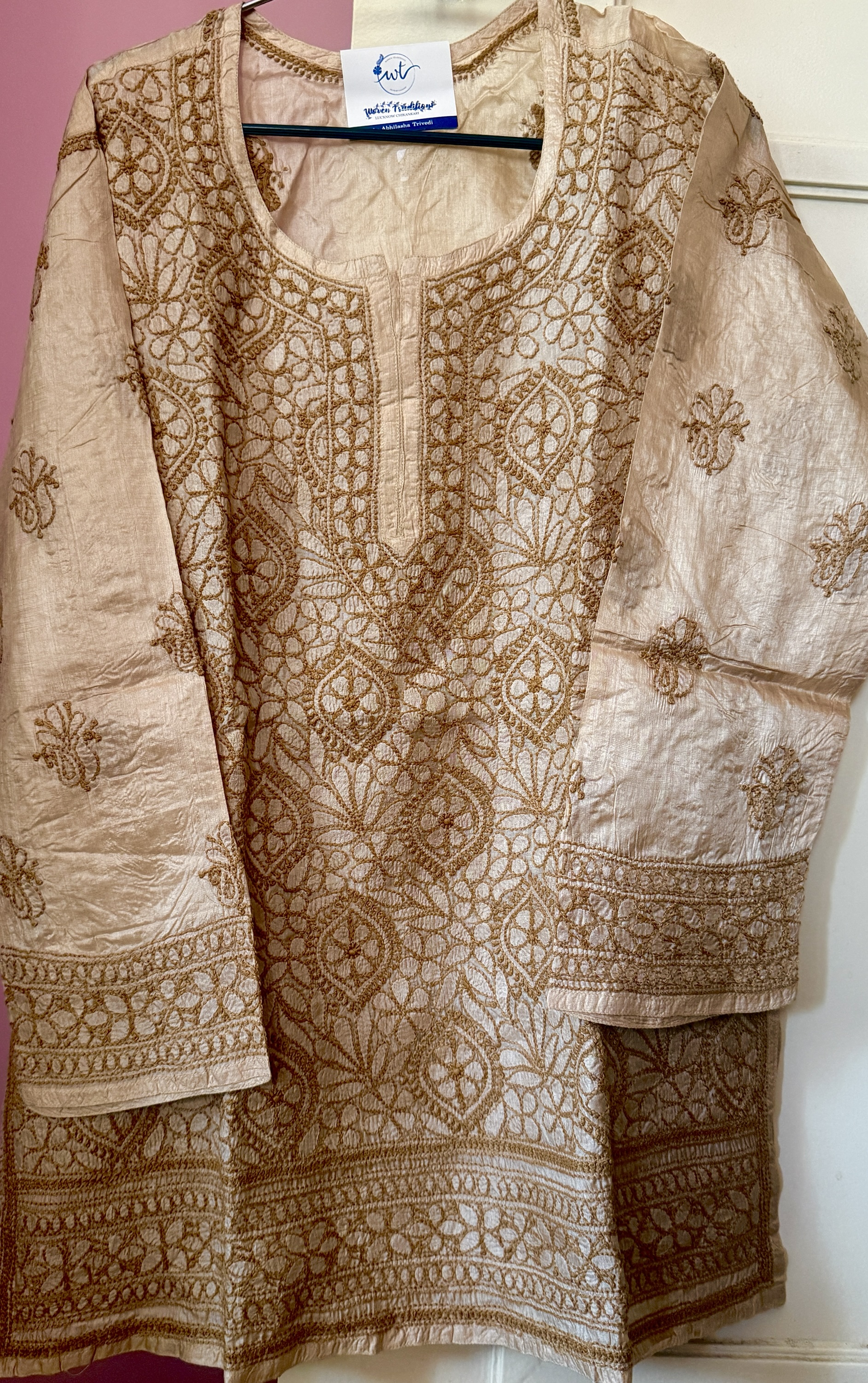 Tan brown pure Tussar silk Chikankari short kurti - Image 3