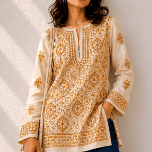 Tan brown pure Tussar silk Chikankari short kurti - Image 2