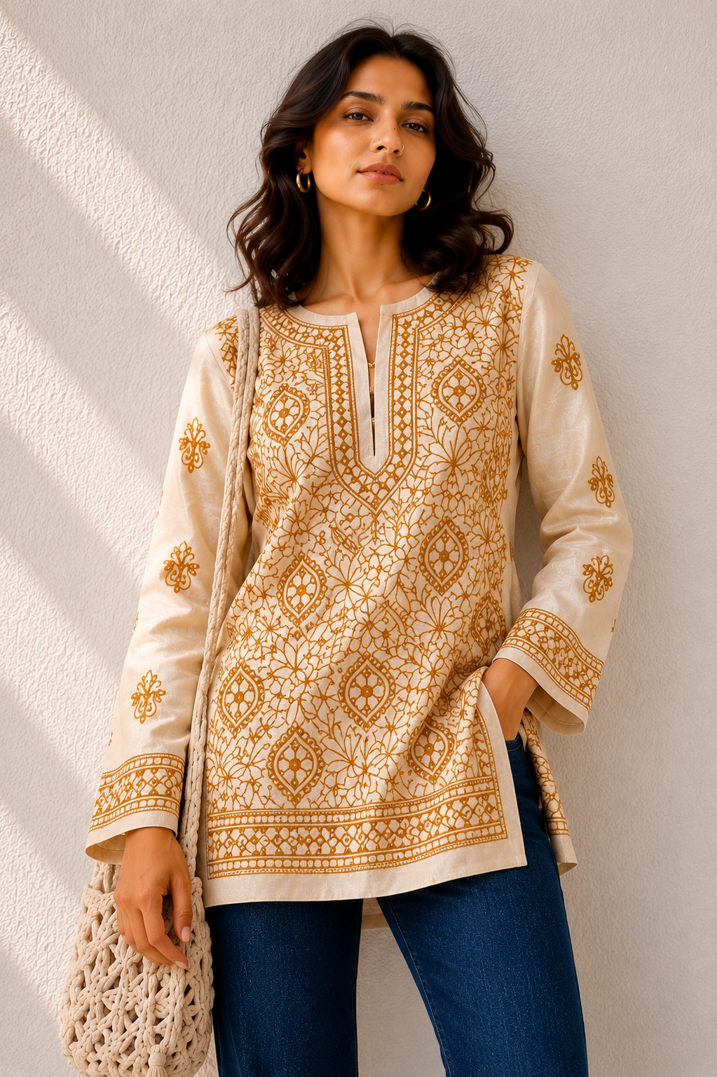 Tan brown pure Tussar silk Chikankari short kurti - Image 2