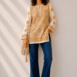 Tan brown pure Tussar silk Chikankari short kurti