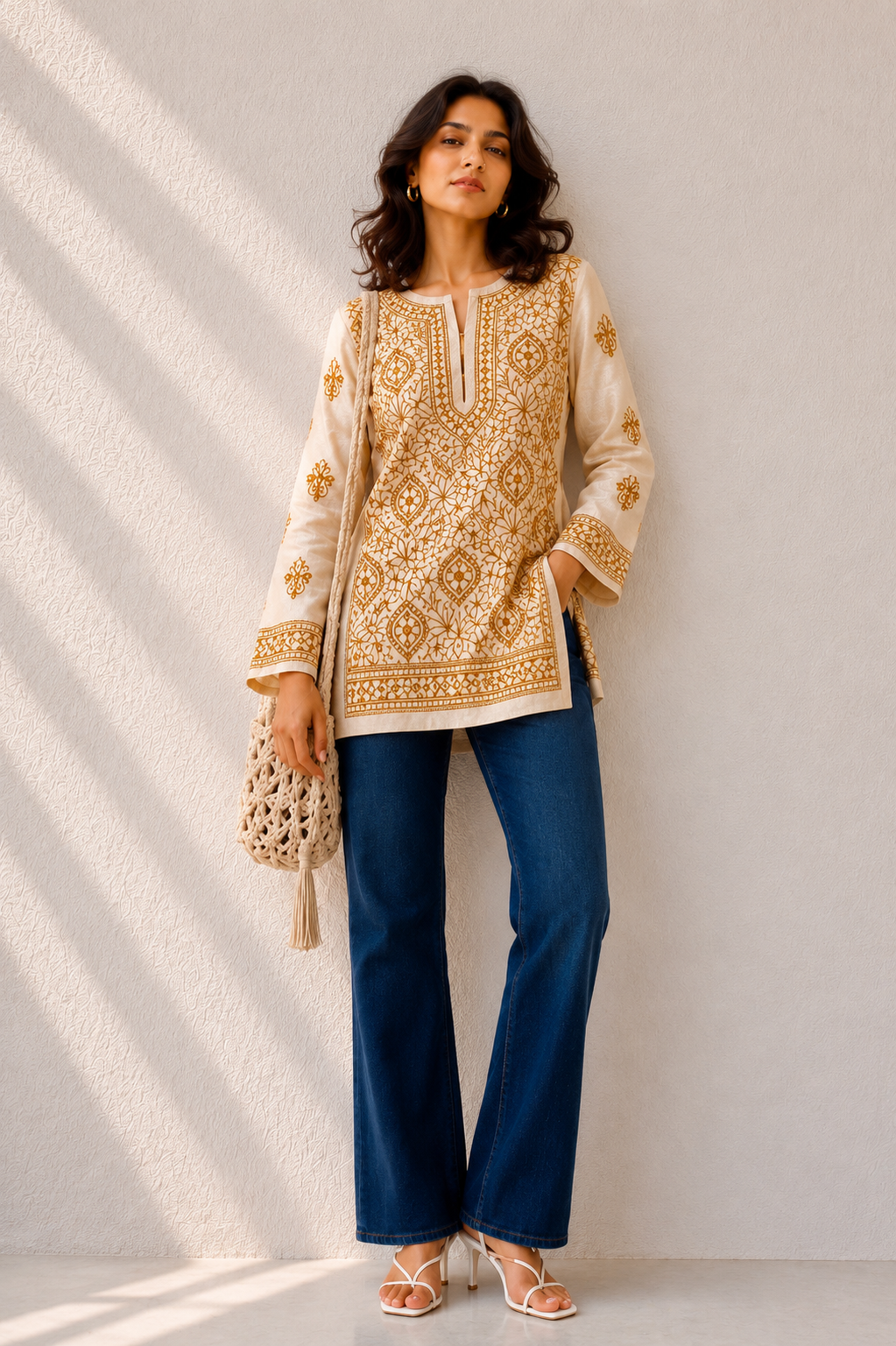 Tan brown pure Tussar silk Chikankari short kurti - Image 1