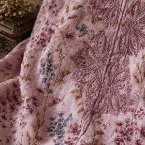 Dusty pink printed mulmul Chikankari kurta fabric - Image 2