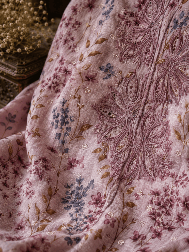 Dusty pink printed mulmul Chikankari kurta fabric