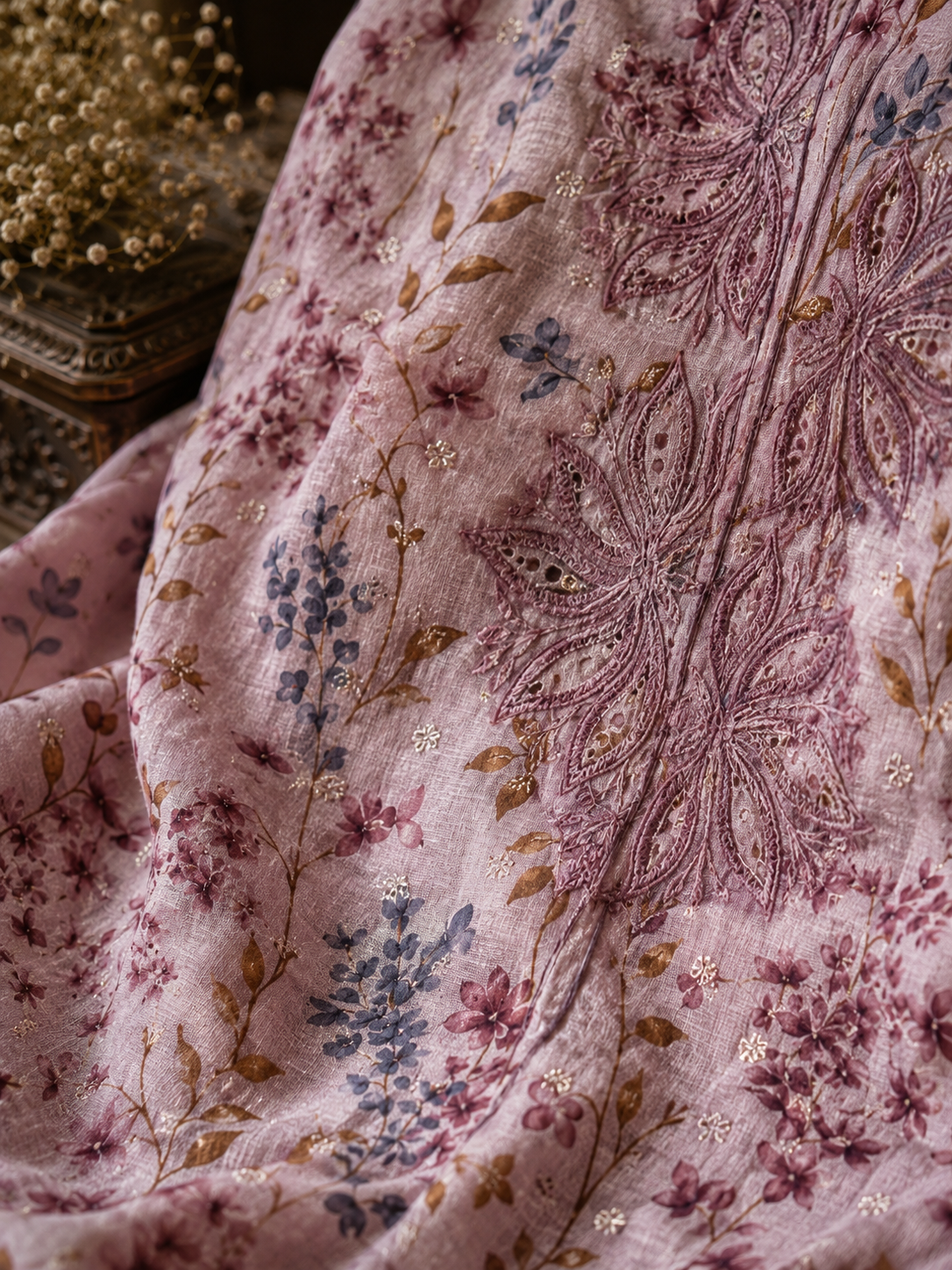 Dusty pink printed mulmul Chikankari kurta fabric - Image 2