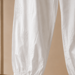 White pure cotton gathered bottom pathani chikankari pants - Image 3