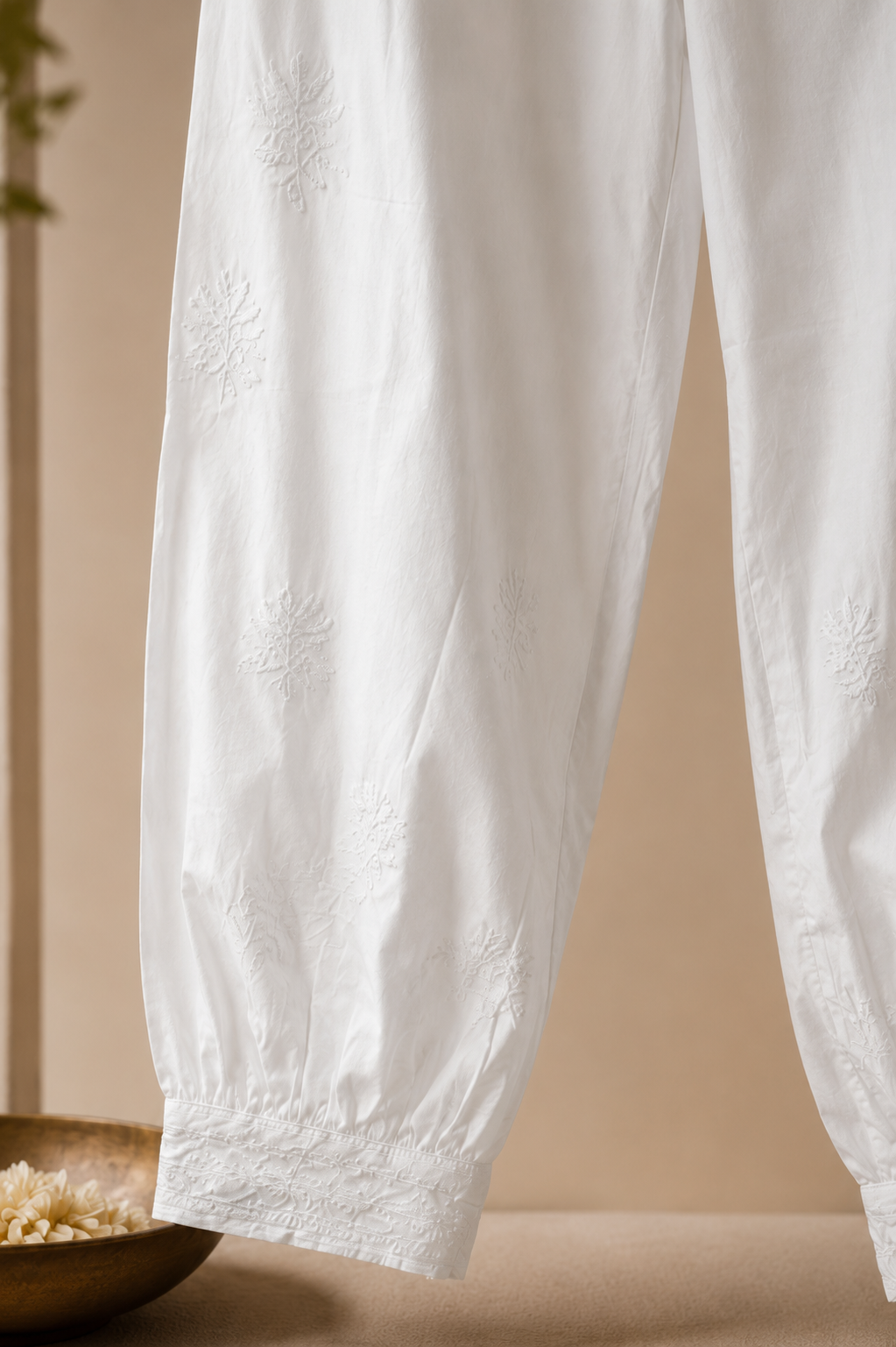 White pure cotton gathered bottom pathani chikankari pants - Image 3