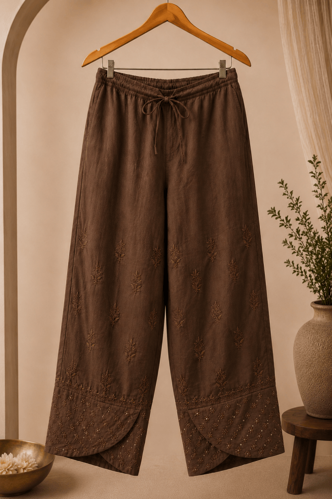 Cinnamon brown satin linen Chikankari pants with mukaish work