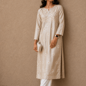 Cream satin silk Chikankari kurti - Image 5