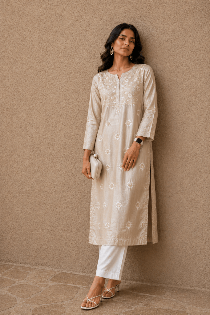Cream satin silk Chikankari kurti