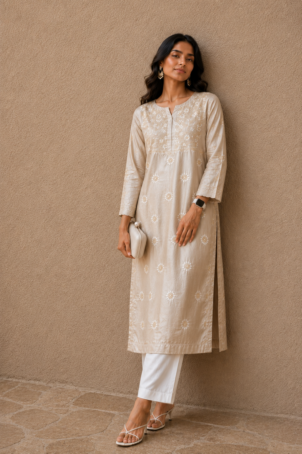 Cream satin silk Chikankari kurti - Image 1