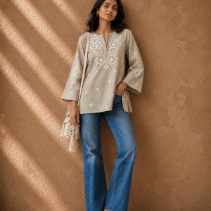 Rice cream Chanderi Chikankari short kurti