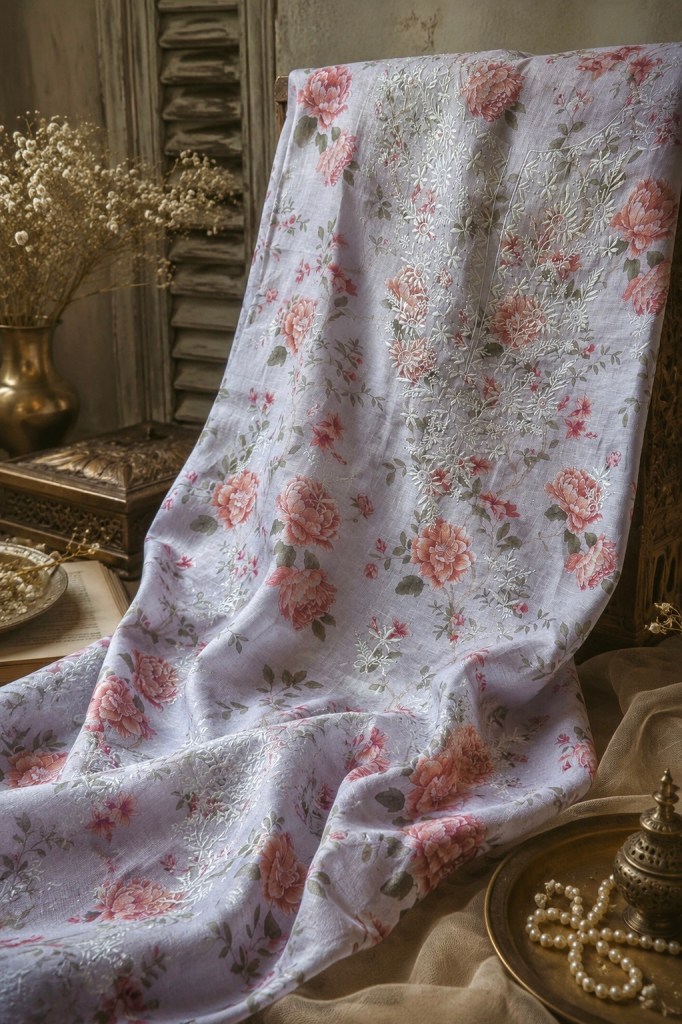 Ghost white pure linen floral chikankari kurta fabric