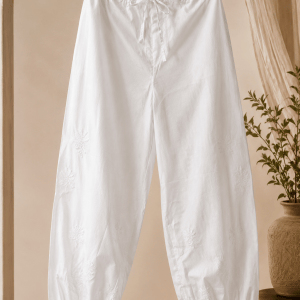 White pure cotton gathered bottom pathani chikankari pants - Image 2