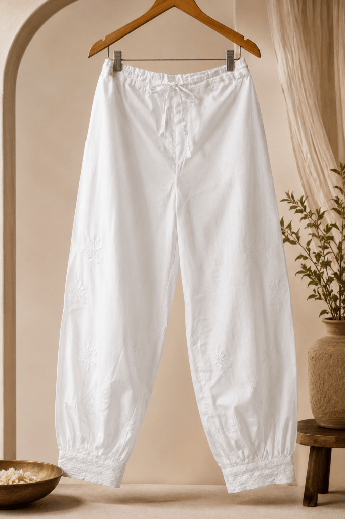White pure cotton gathered bottom pathani chikankari pants