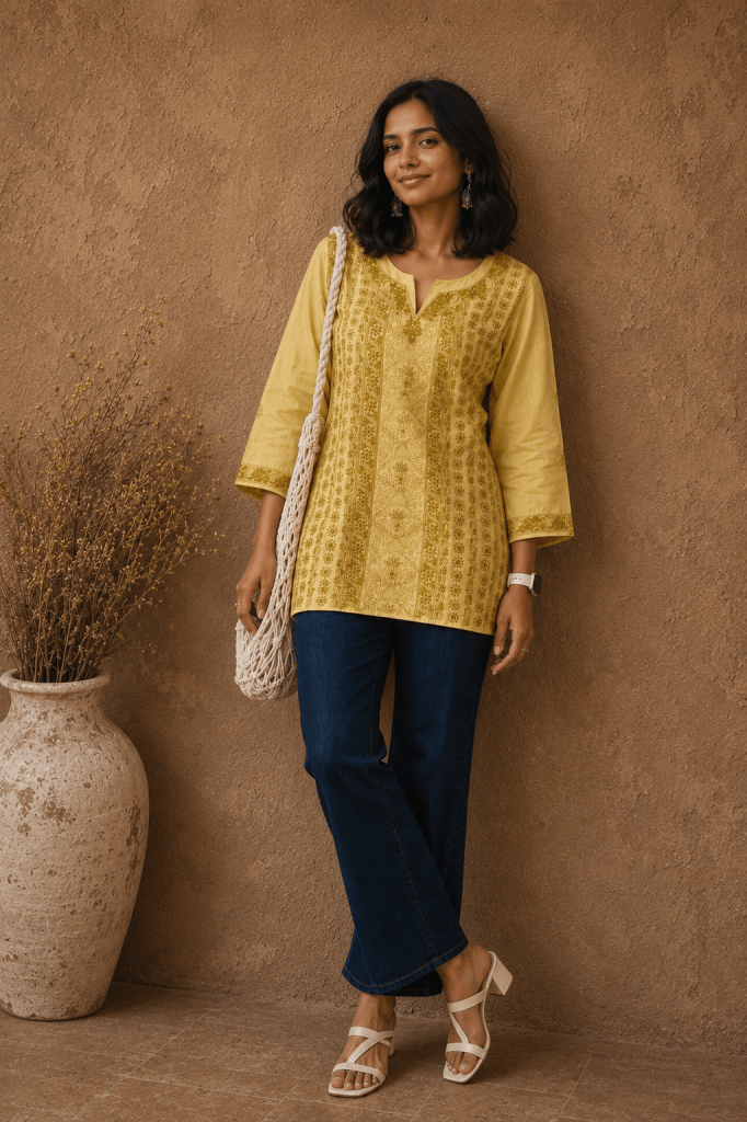 Daffodil yellow tussar silk short Chikankari kurti