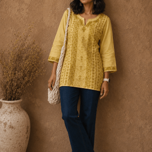 Daffodil yellow tussar silk short Chikankari kurti