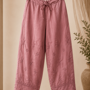 Dusty rose satin linen tulip bottom chikankari pants - Image 2