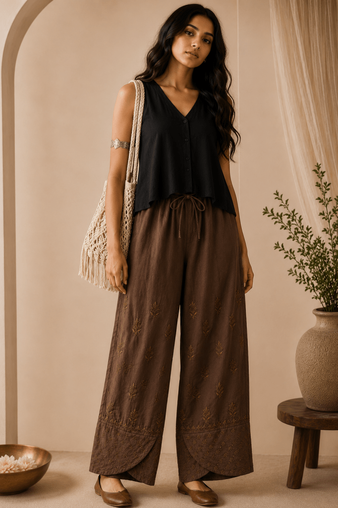 Cinnamon brown satin linen Chikankari pants with mukaish work