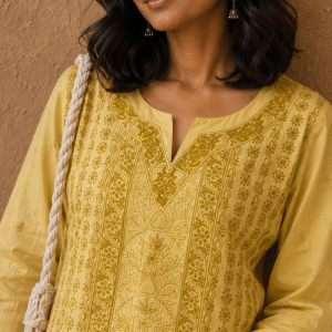 Daffodil yellow tussar silk short Chikankari kurti - Image 2