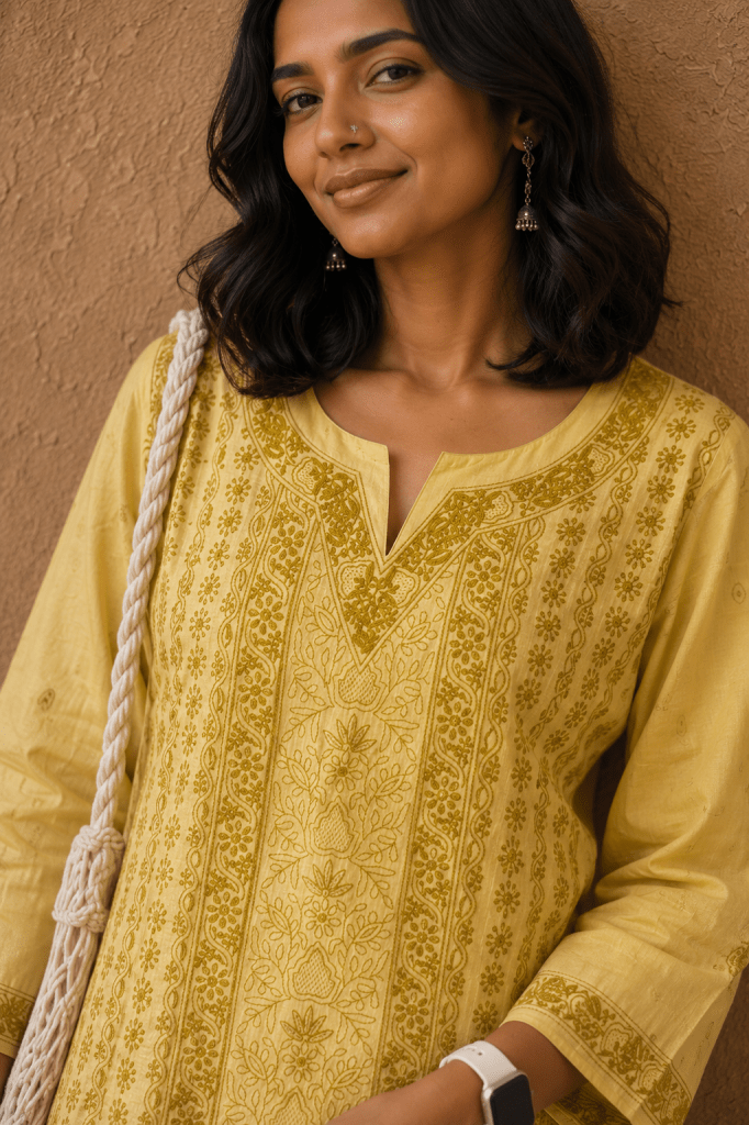 Daffodil yellow tussar silk short Chikankari kurti