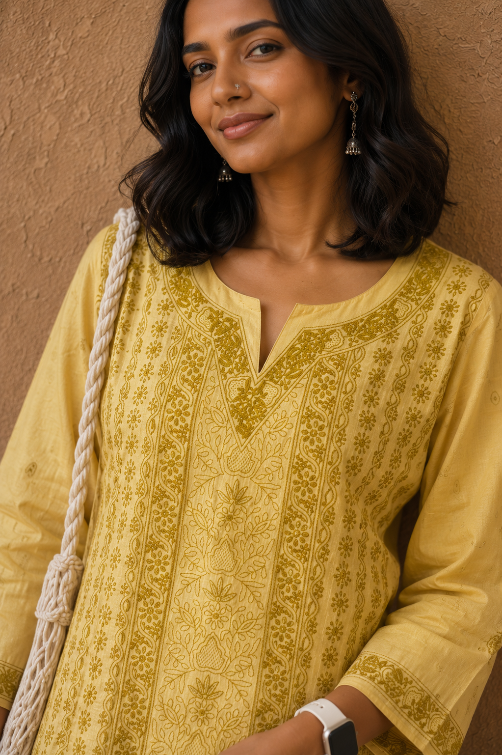 Daffodil yellow tussar silk short Chikankari kurti - Image 2