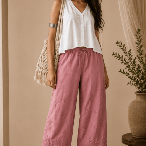 Dusty rose satin linen tulip bottom chikankari pants