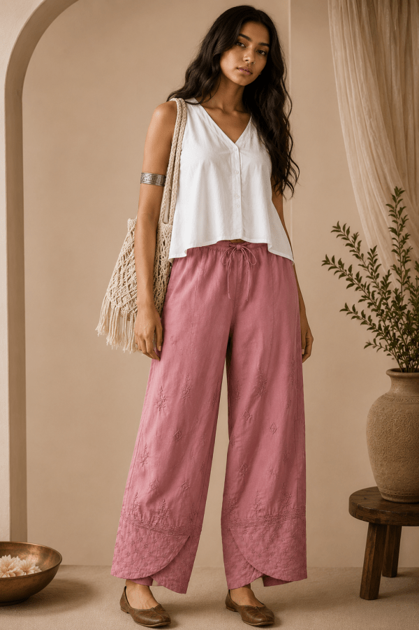 Dusty rose satin linen tulip bottom chikankari pants