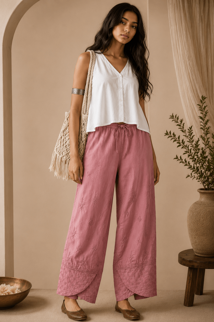 Dusty rose satin linen tulip bottom chikankari pants