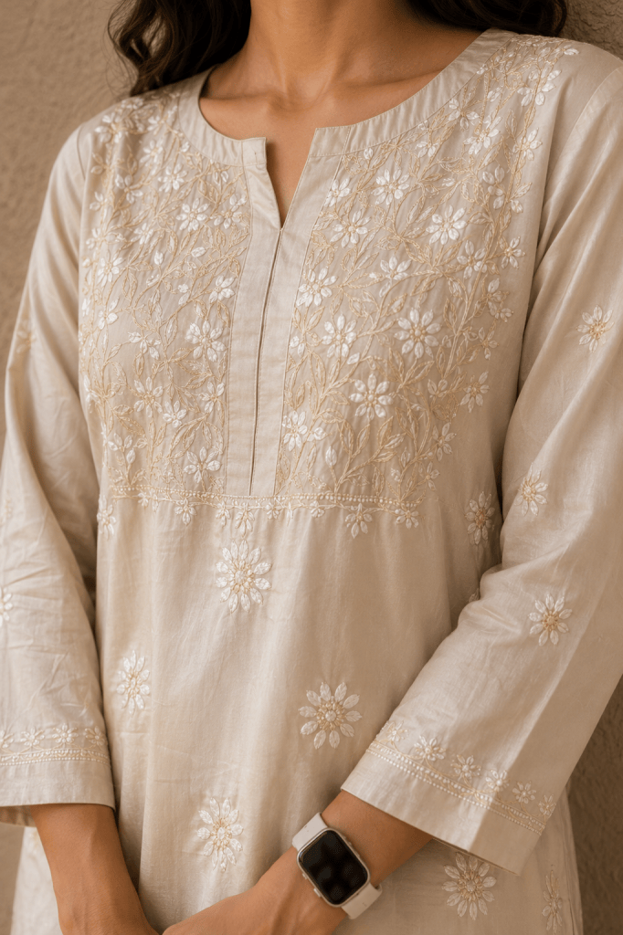 Cream satin silk Chikankari kurti