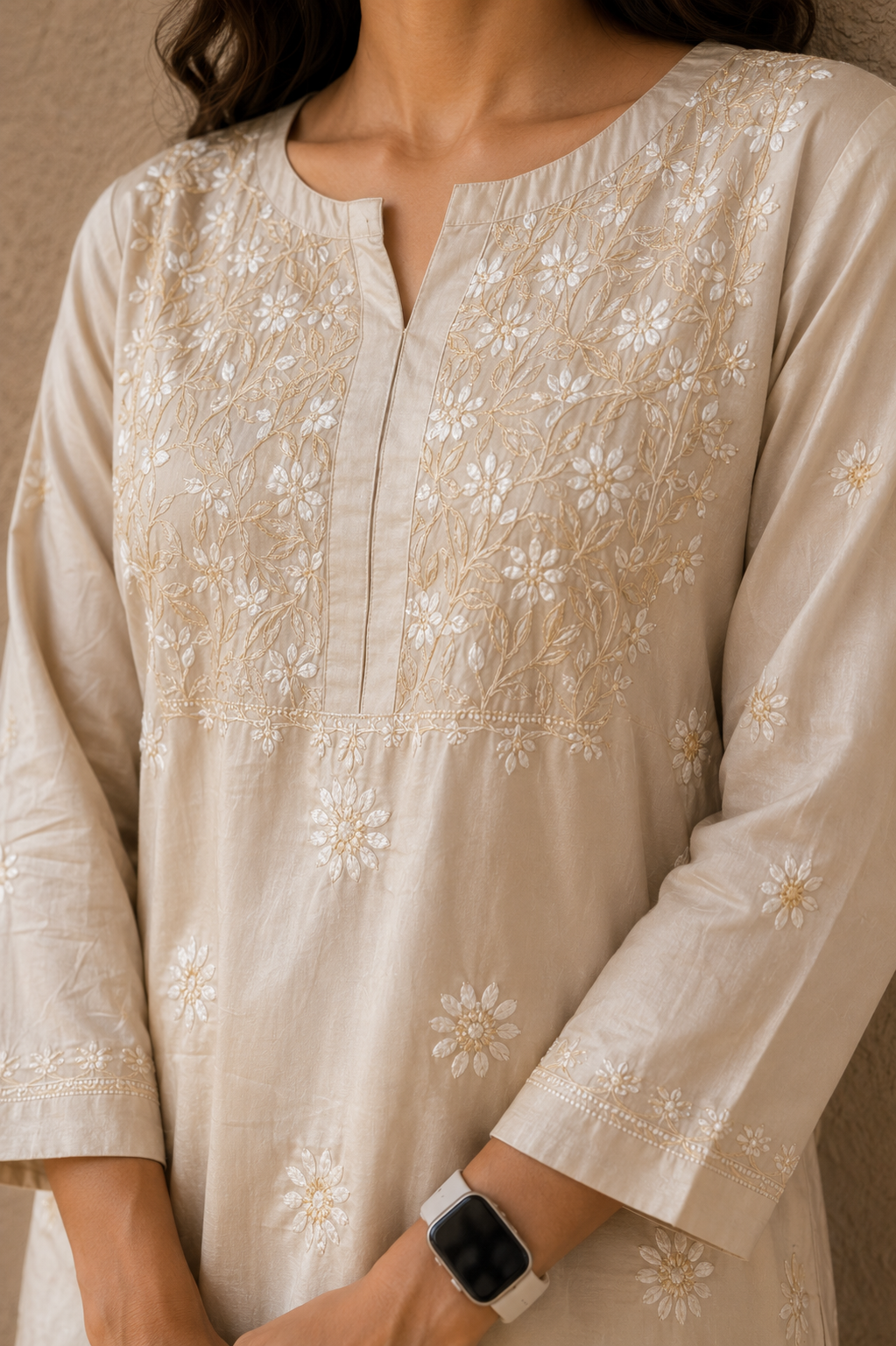 Cream satin silk Chikankari kurti - Image 2
