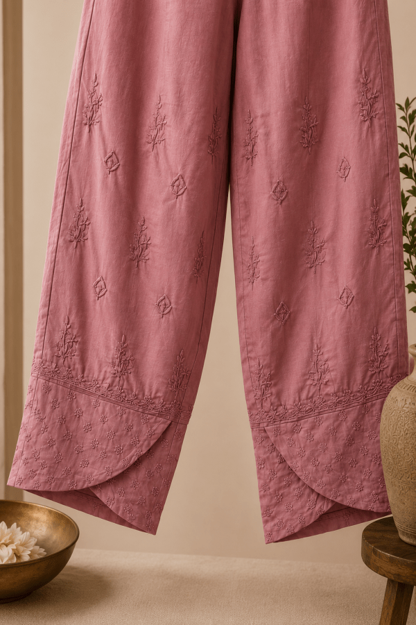 Dusty rose satin linen tulip bottom chikankari pants