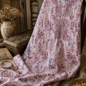 Dusty pink printed mulmul Chikankari kurta fabric - Image 1