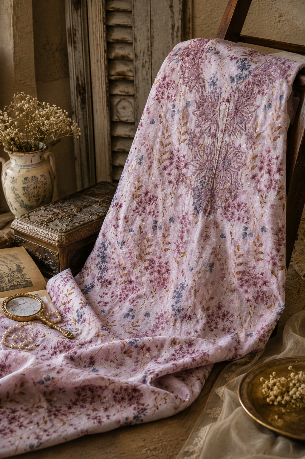 Dusty pink printed mulmul Chikankari kurta fabric - Image 1