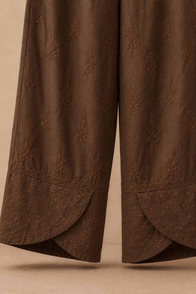 Cinnamon brown satin linen Chikankari pants with mukaish work