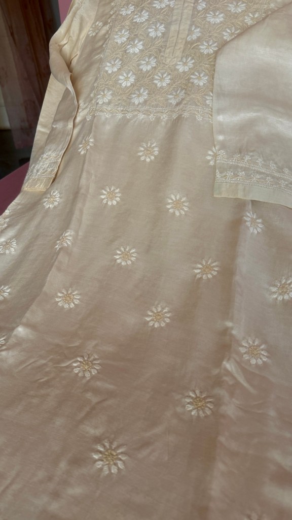 Cream satin silk Chikankari kurti