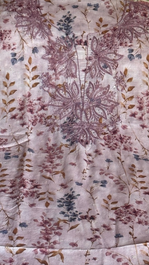 Dusty pink printed mulmul Chikankari kurta fabric
