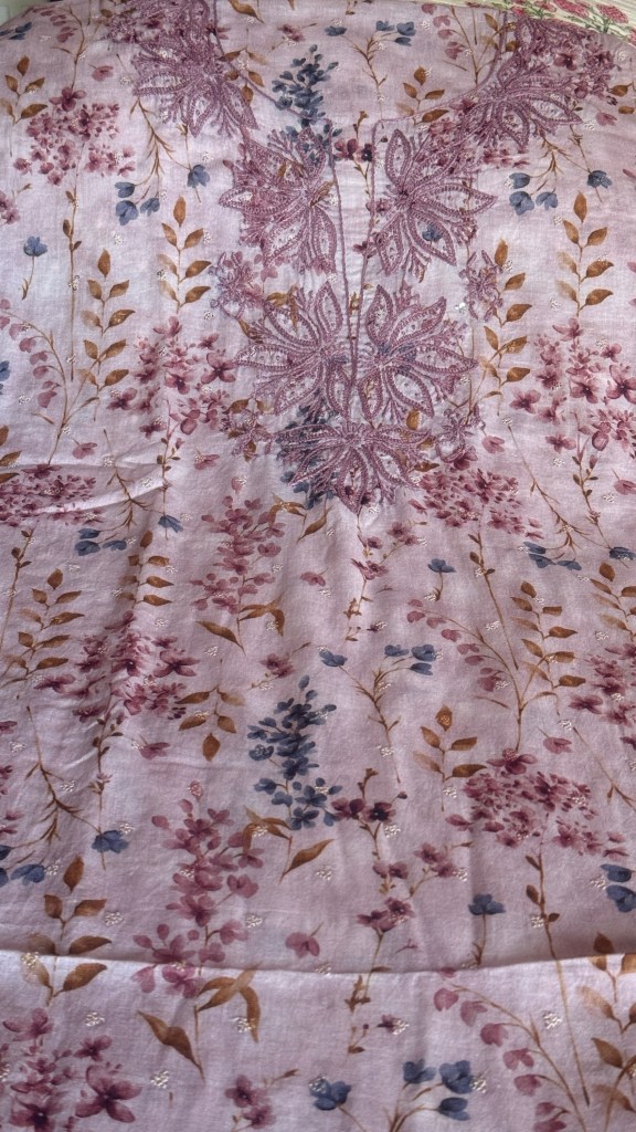 Dusty pink printed mulmul Chikankari kurta fabric