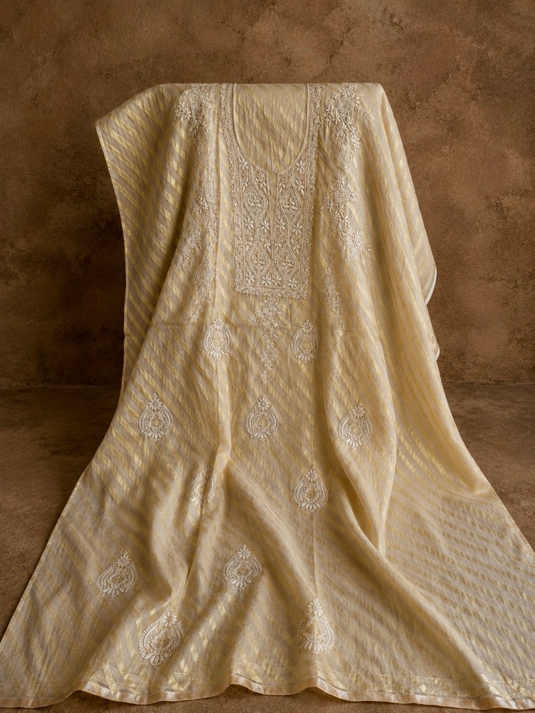 Bisque beige striped chanderi chikankari kurta fabric with mukaish work