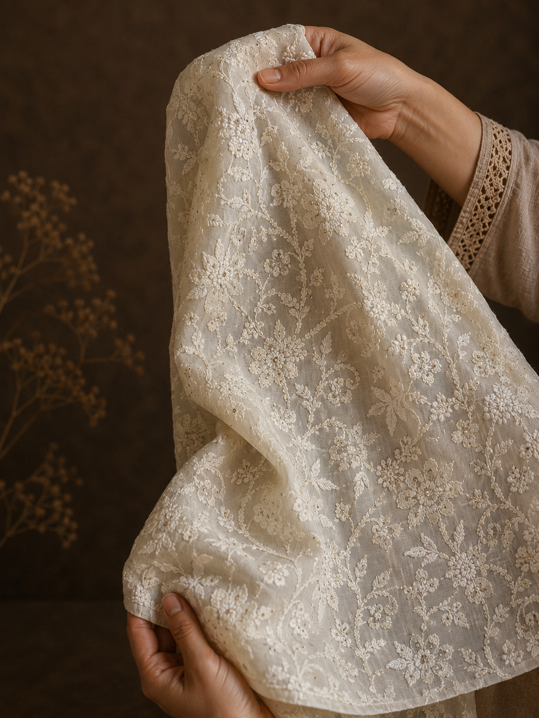 Off-white pure Tussar silk Chikankari blouse piece (one metre) - Image 1