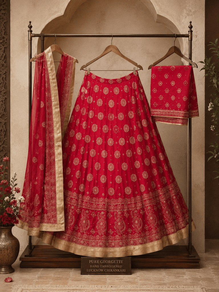 Crimson red pure georgette 3 piece semi stitched chikankari lehenga