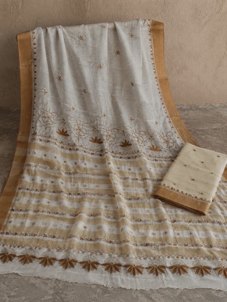 Old wood Off-white Kerala Kasavu saree with dual tone Chikankari